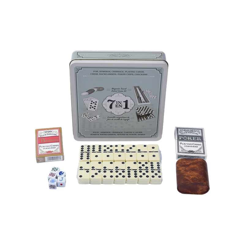 Set da gioco da viaggio 7 in 1 con scatola di ferro portatile