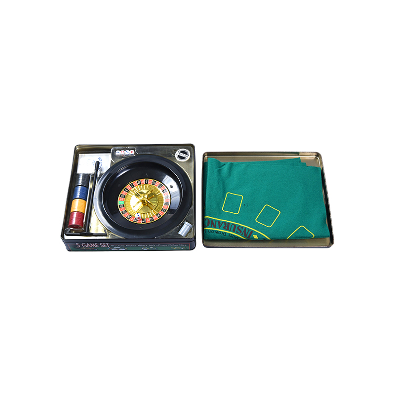 Set di giochi da casinò 5 in 1: roulette, poker, black jack, craps, dadi da poker in scatola di metallo