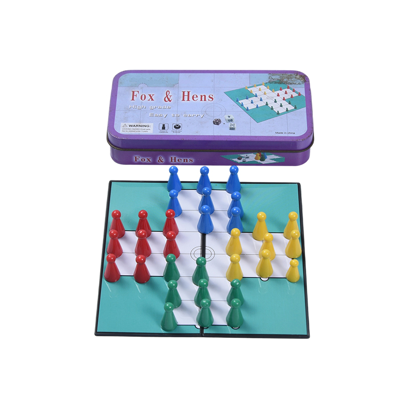 Gioco portatile con volpi e galline in custodia di latta in metallo