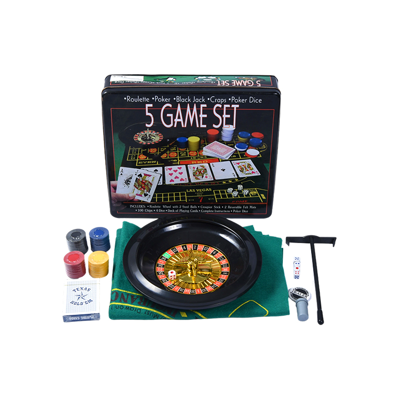 Set di giochi da casinò 5 in 1: roulette, poker, black jack, craps, dadi da poker in scatola di metallo