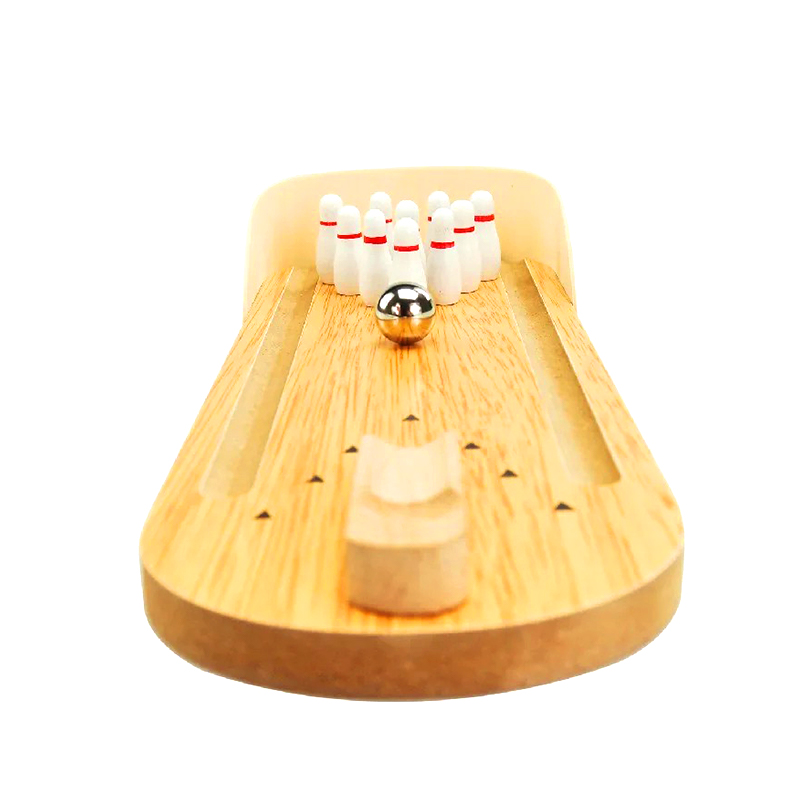 Set compatto in legno con sfera in acciaio e birilli Mini gioco da bowling da tavolo
