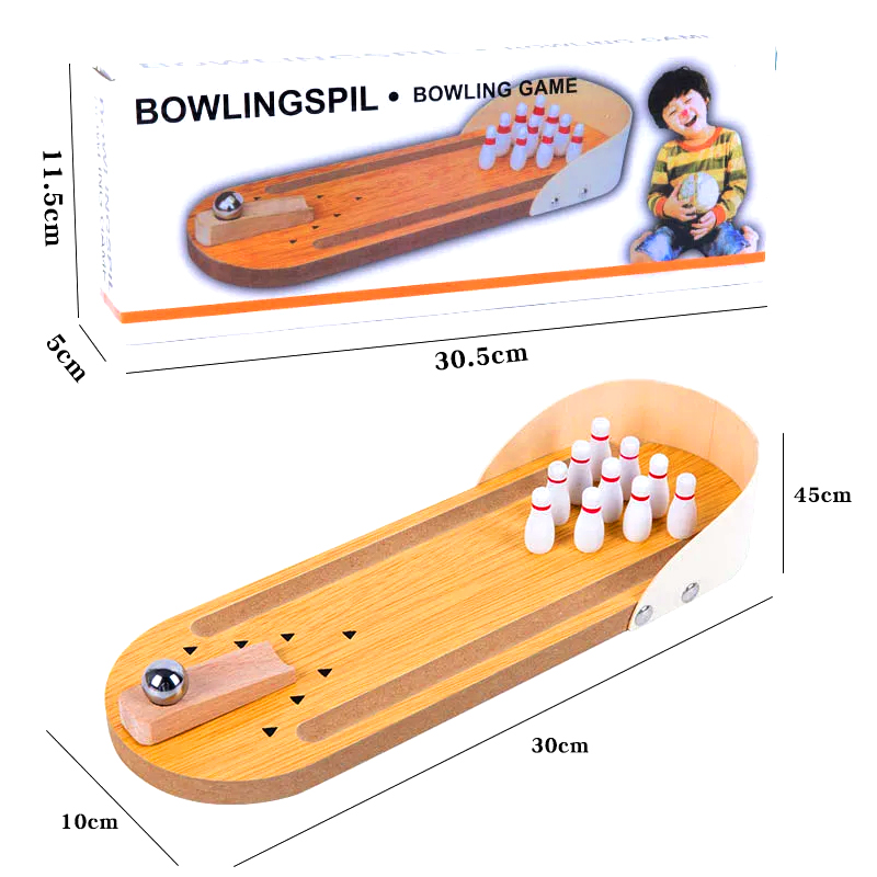 Set compatto in legno con sfera in acciaio e birilli Mini gioco da bowling da tavolo