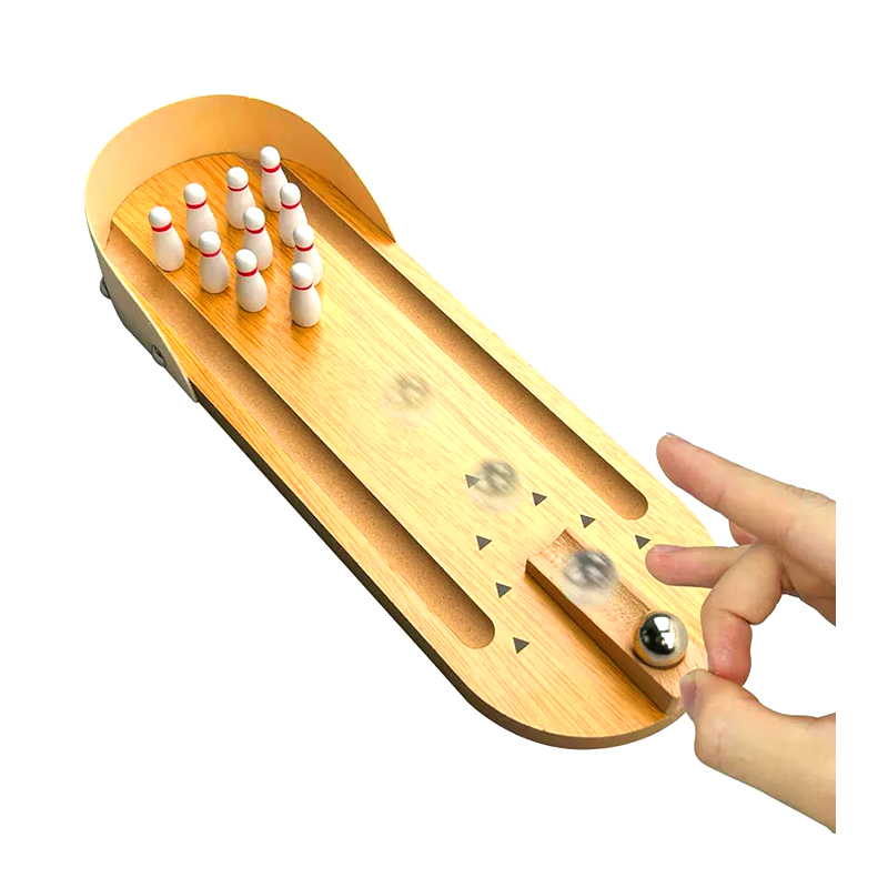 Set compatto in legno con sfera in acciaio e birilli Mini gioco da bowling da tavolo
