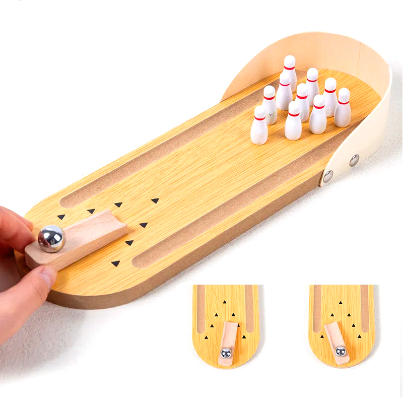 Set compatto in legno con sfera in acciaio e birilli Mini gioco da bowling da tavolo