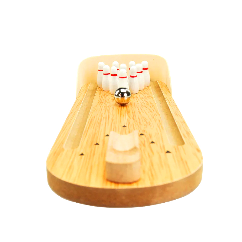 Set compatto in legno con sfera in acciaio e birilli Mini gioco da bowling da tavolo