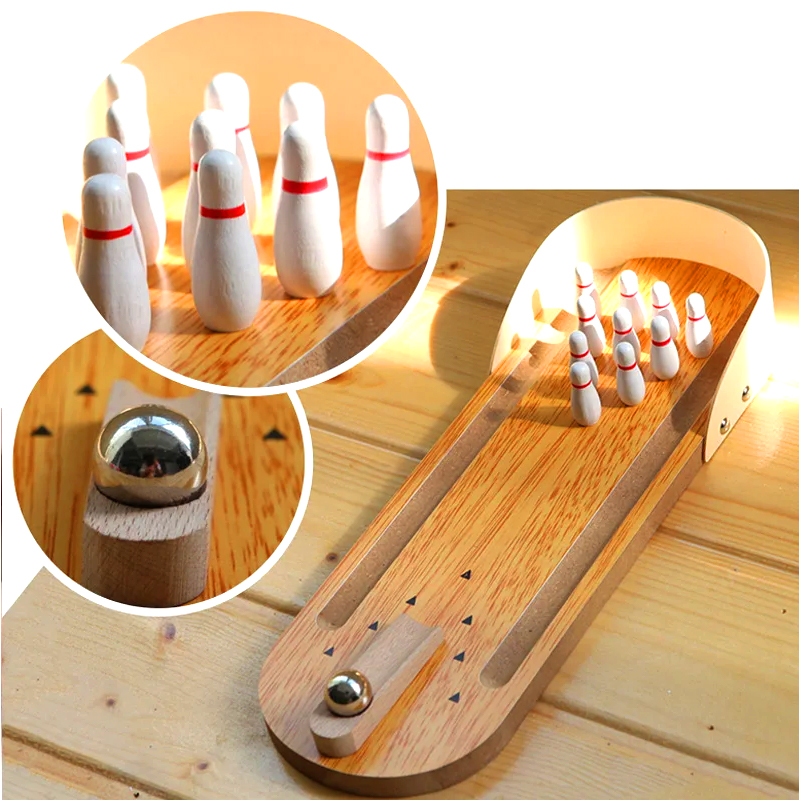 Set compatto in legno con sfera in acciaio e birilli Mini gioco da bowling da tavolo