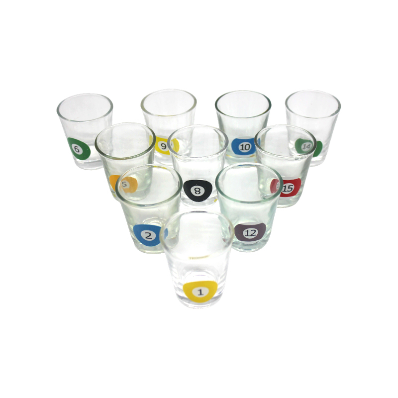 Set di 10 bicchieri con numeri di palle da biliardo a tema biliardo con supporto triangolare